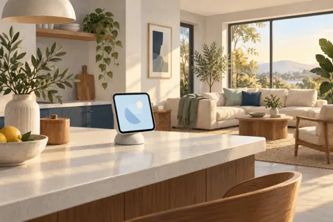 Editorial illustration of a shared smart display in a warm kitchen and living space