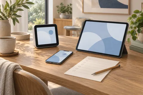 Editorial illustration of a smart display, phone, tablet and device checklist