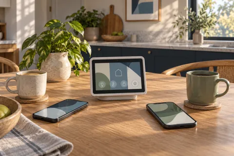 Editorial illustration of two different phones beside a shared household display