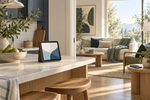 Editorial illustration of a kitchen display and a phone in an adjoining room