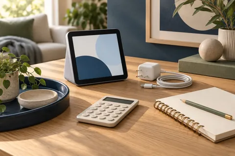 Editorial illustration of a display, power equipment, calculator and budget notebook