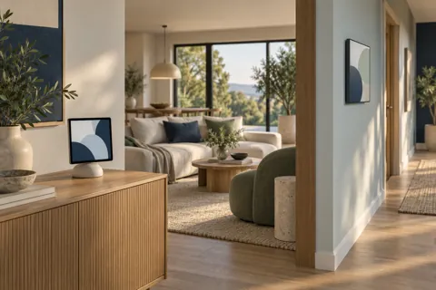 Editorial illustration of tabletop and wall display placement in a connected home