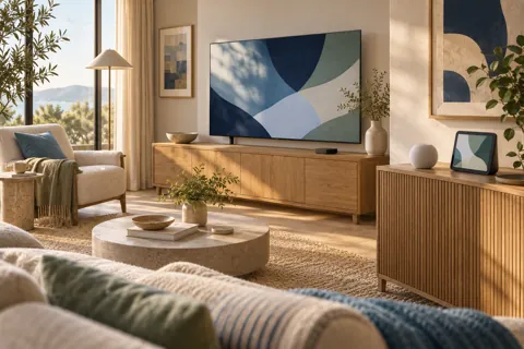 Conceptual home display, speaker and television player serving different rooms and tasks