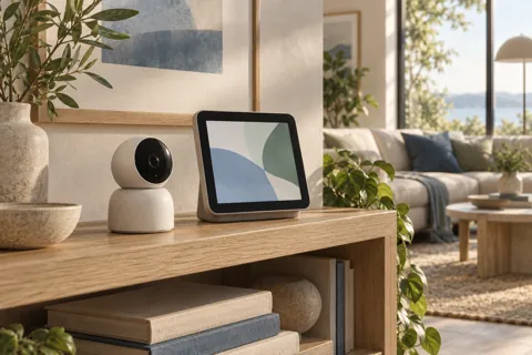 Conceptual home camera beside a shared display in a warm living room