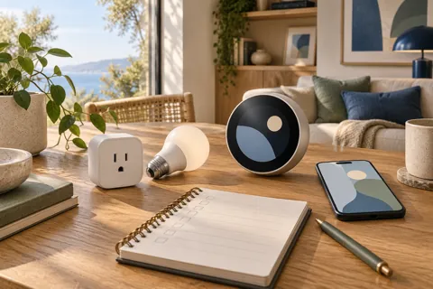 Smart plug, light bulb, thermostat and phone beside a blank buying checklist