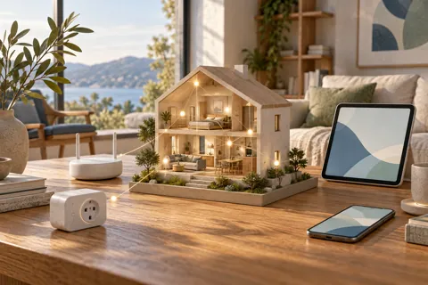 Conceptual miniature connected home beside network equipment and a smart plug