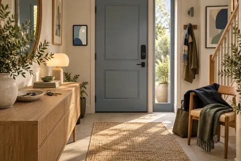 Welcoming hallway with a conceptual entry screen, lock and household keys