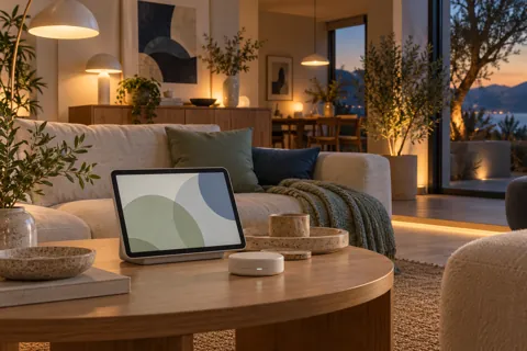 Conceptual lighting bridge and shared screen in a softly lit living room