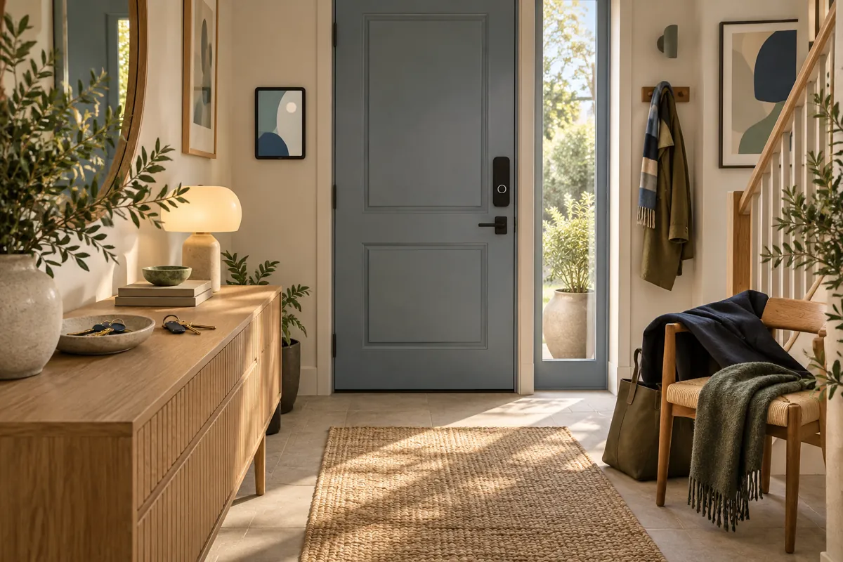 Welcoming hallway with a conceptual entry screen, lock and household keys