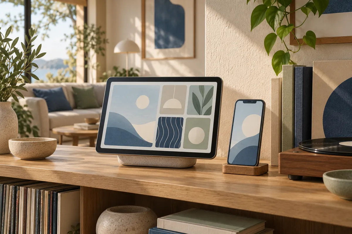 Conceptual household display with abstract app tiles beside a phone and media equipment
