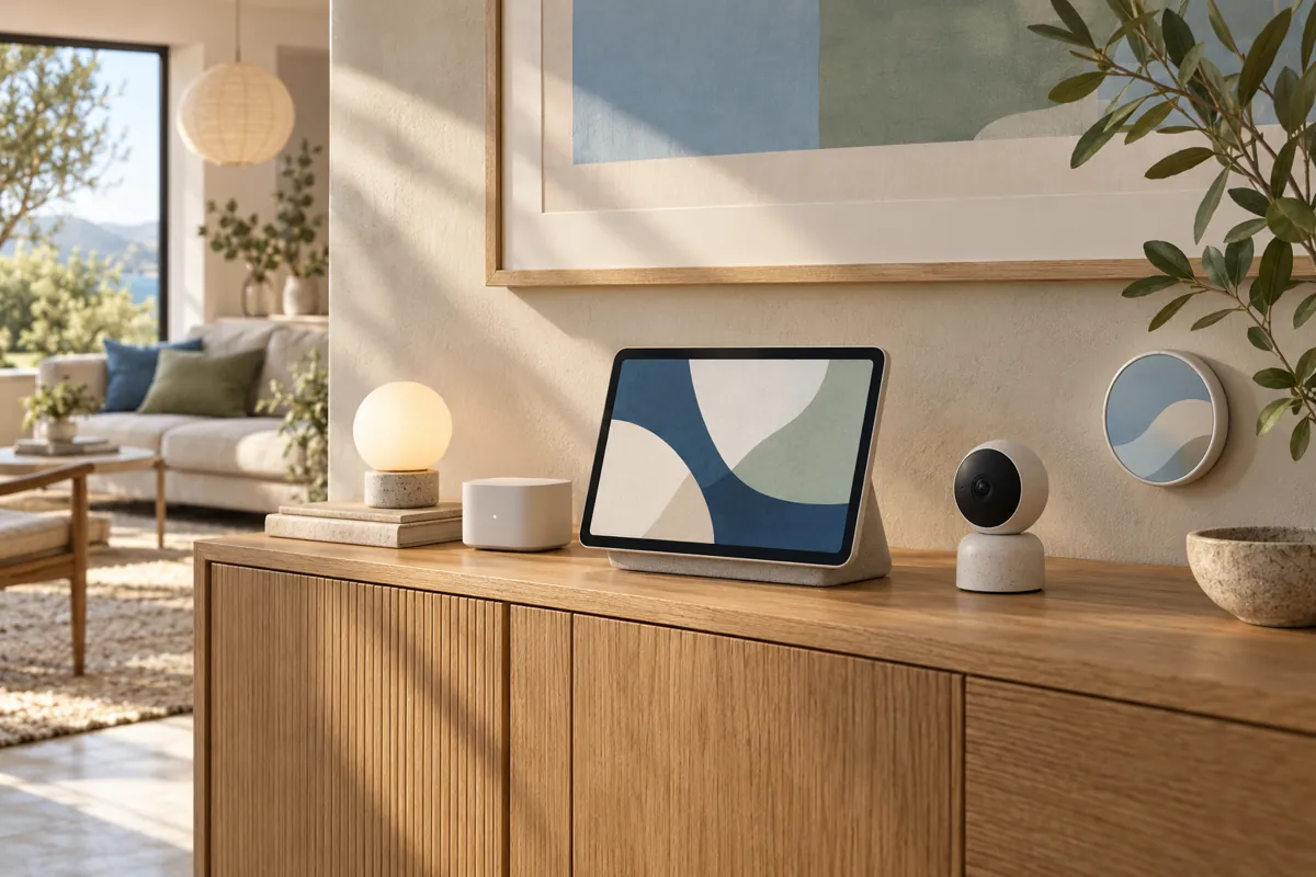 Conceptual shared display with lighting, camera and thermostat accessories on an oak sideboard