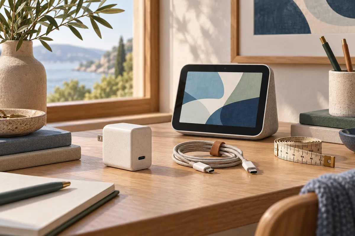 Conceptual smart display, USB-C charger and cable on an oak table