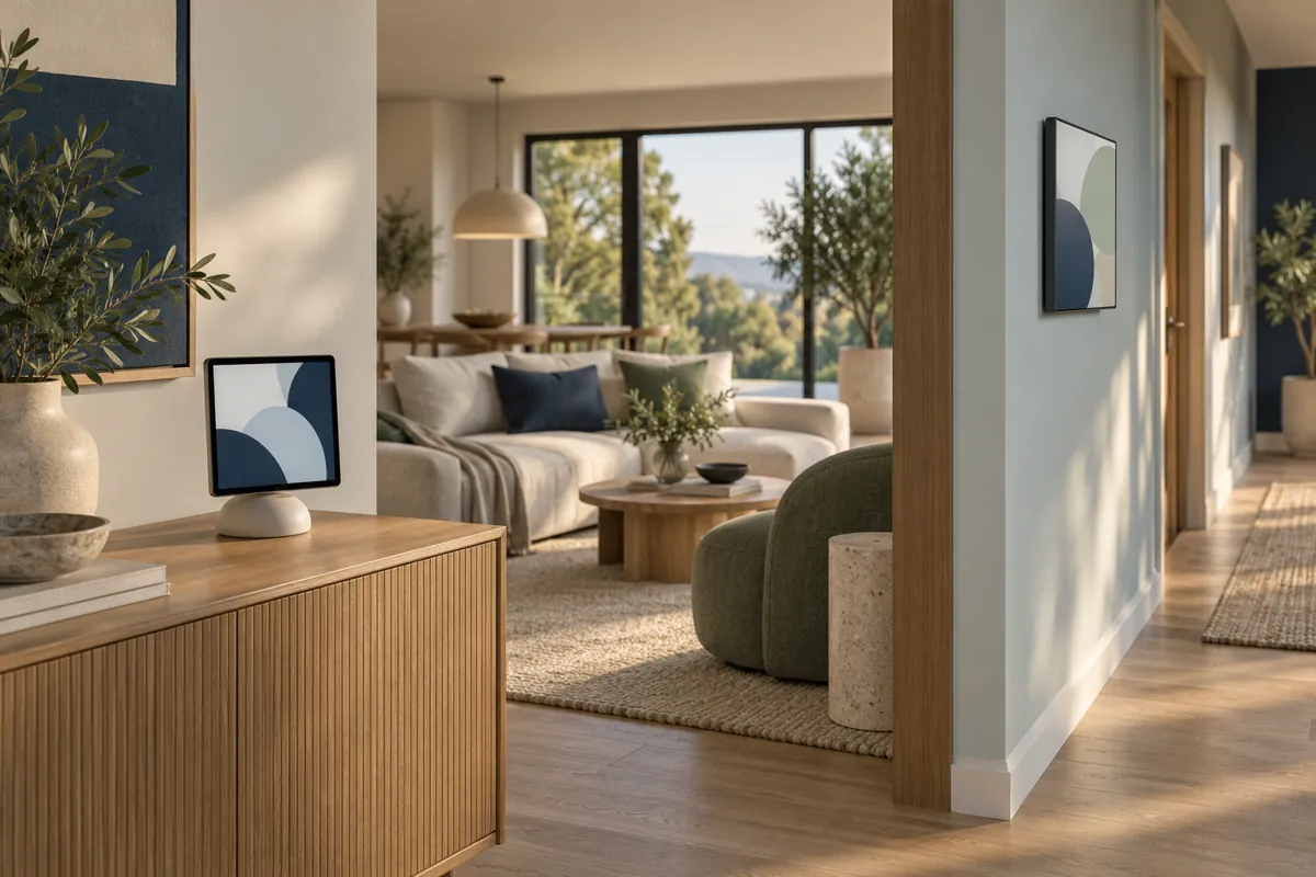 Editorial illustration of tabletop and wall display placement in a connected home