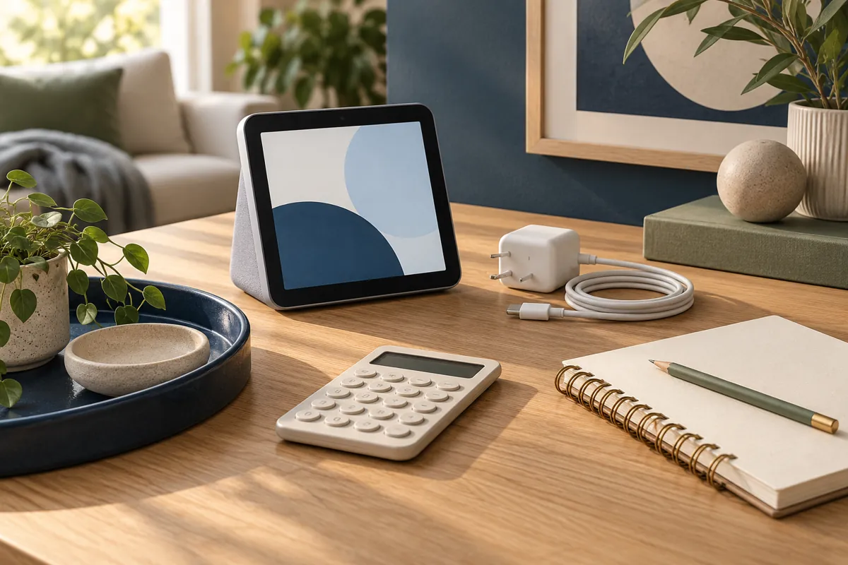 Editorial illustration of a display, power equipment, calculator and budget notebook