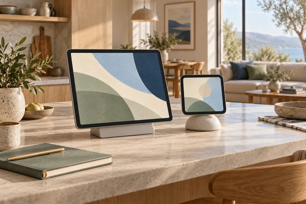 Conceptual tablet on a stand beside a smaller shared household display