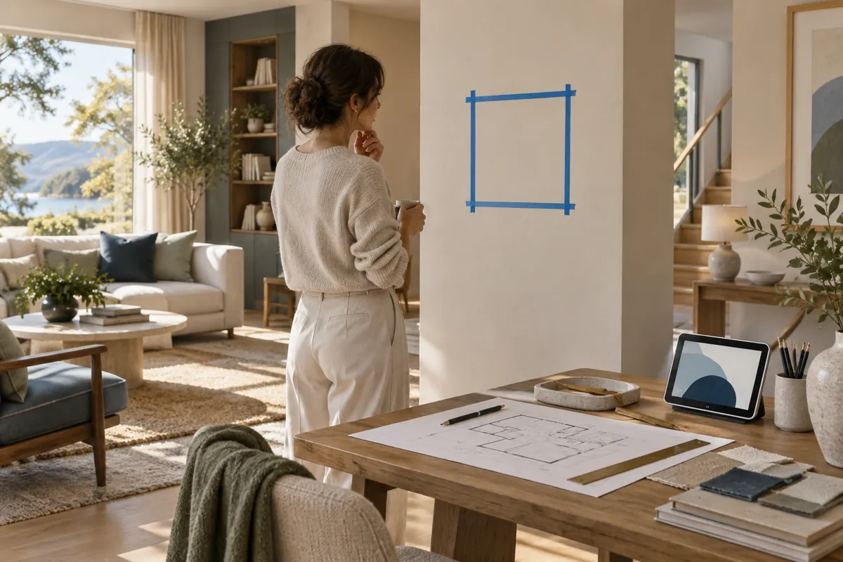 A person planning a wall display position with removable tape and a room drawing