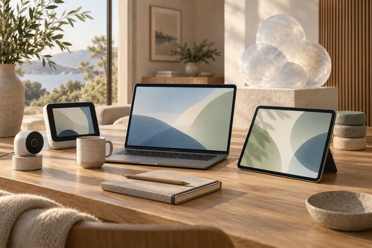Conceptual home screens, camera and notebook for reviewing service requirements